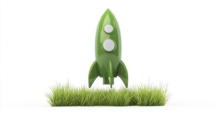 Conceptual representation of green summer lawn grass symbolized as a rocket on a white background 3D illustration reflecting themes of innovation exploration technology and progress