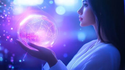 Naklejka premium Businesswoman holding a holographic financial growth model, futuristic scifi setting, glowing purple and blue tones