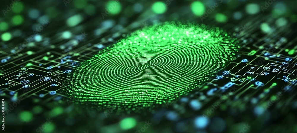Poster digital green finger print. digital security biometric human identification. generative ai technolog