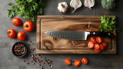 A sharp chef's knife on a wooden cutting board, surrounded by vibrant vegetables and spices