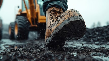 Detailed view of a muddy boot stepping forward on muddy ground, with background machinery visible, emphasizing the rugged and hardworking atmosphere of construction work.