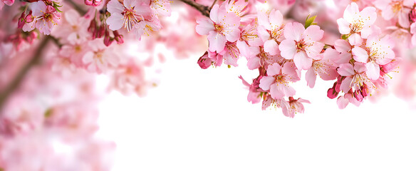 A webpage banner of fresh bright pink cherry blossom flowers on a tree branch in spring, sakura springtime season, isolated against a transparent background.