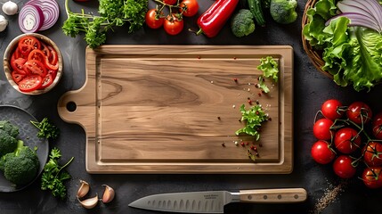 Fresh vegetables and spices surround a sharp chef's knife on a rustic wooden cutting board