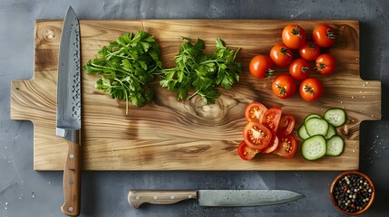 A wooden cutting board holds a sharp chef's knife, with fresh vegetables and spices nearby