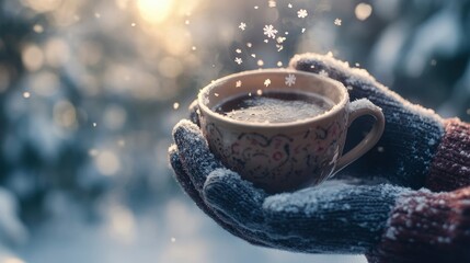 A close-up of snowflakes landing on a warm cup of tea held by gloved hands, with a snowy forest visible in the distance.