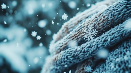A close-up of snowflakes falling gently onto a winter scarf, with frost visible on the surrounding trees and ground.