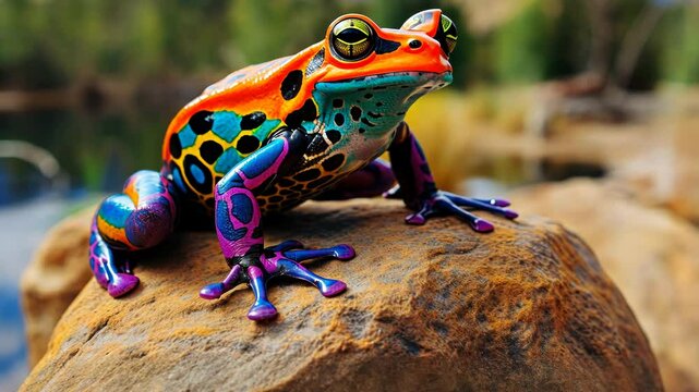 Colorful tree frog on rock in tropical rainforest. Vibrant poison dart frog with orange, blue, and purple patterns. Exotic amphibian species in natural habitat. 