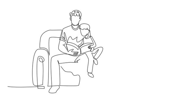Animated self drawing of continuous one line drawing boy sitting on sofa with father and reading book. Same hobby. Telling many interesting things. International Read to Me Day. Full length animation