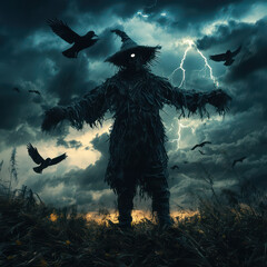 A mysterious scarecrow stands in a stormy field, surrounded by crows, under dark clouds and lightning, evoking an eerie atmosphere.