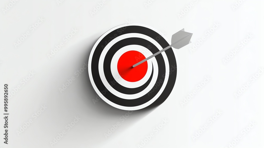 Poster a bullseye target with a dart in the middle on a white background.