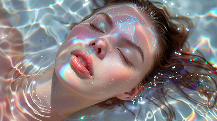 Woman floating peacefully in water with rainbow reflections on her face
