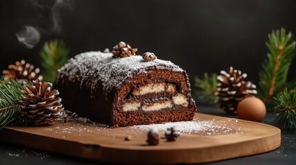 This delightful yule log is coated in rich chocolate glaze and dusted with chestnut powder, elegantly garnished with pine cones for holiday celebrations
