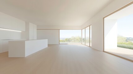 Fototapeta premium A large, empty kitchen with a white counter and cabinets