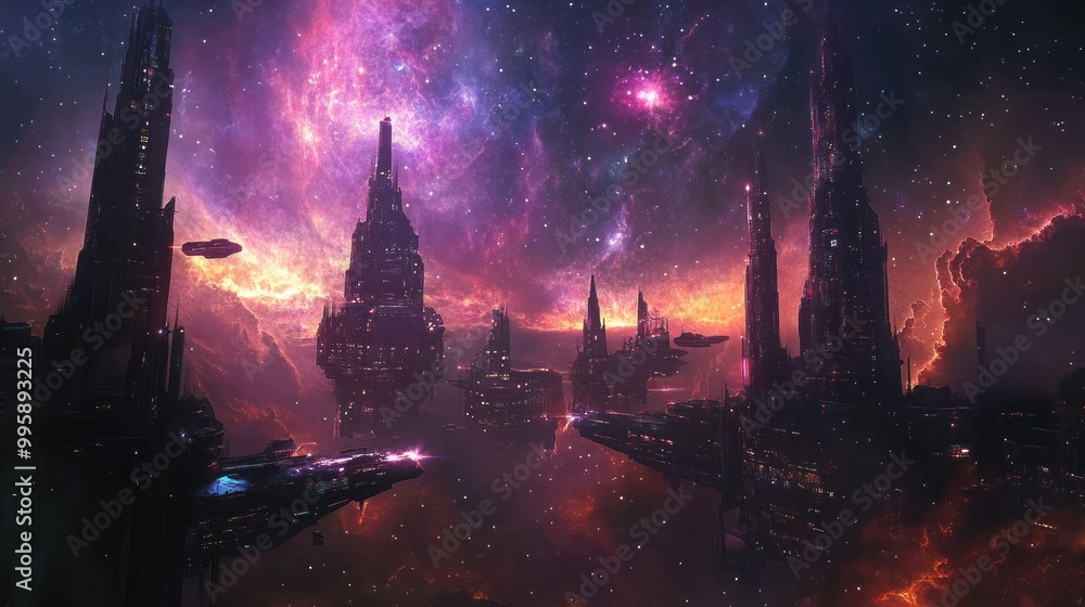 Poster Futuristic Cityscape Against a Starry Nebula