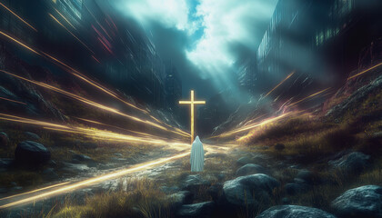 Fototapeta premium Figure in rocky valley, illuminated by sunlight, facing a cross, surrounded by desolate landscape