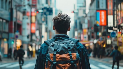 Obraz premium Urban Adventure â€“ Backpacker Exploring Bustling City Streets in Focused Moment