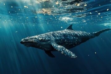 Fototapeta premium A majestic whale swimming through waters tainted with floating microplastic. The plastic particles drift alongside the marine giant, showing the threat of pollution to even the largest sea creatures.