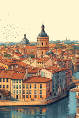 Obraz premium Toulouse, France, color pen pencil hand-drawn effect drawing illustration for travel poster, card, wallpaper, backdrop or banner. Modern, clear, artistic and simple