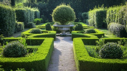 Lush green maze garden with a central fountain and manicured hedges in a serene setting under warm sunlight