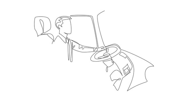 Animation of single continuous line drawing male driver receives bus ticket from passenger. Picking up new passengers from the stop. Driver Appreciation Day. Self drawing animated. Full length motion