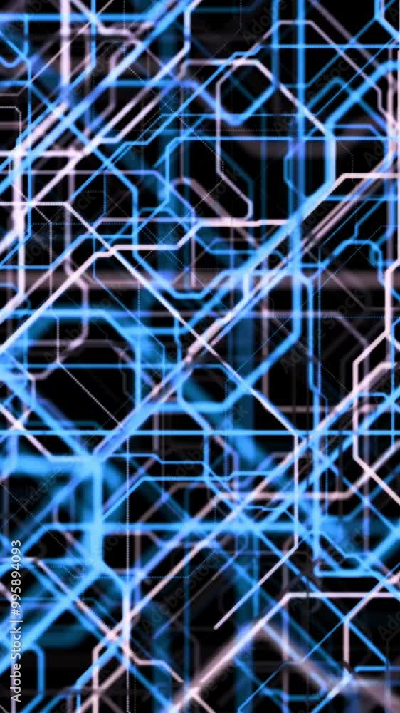 Fototapete Neon lines of computer matrix. Animation. Curved neon lines create patterns of computer matrix on black background. Cyber scheme of computer network