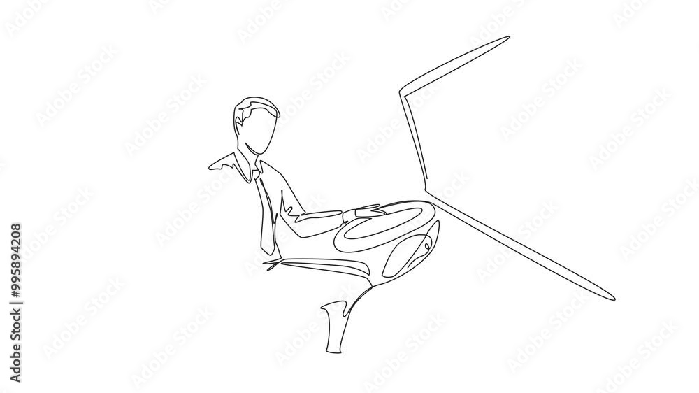 Poster animated self drawing of continuous one line drawing male driver holding bus transmission. ready to 