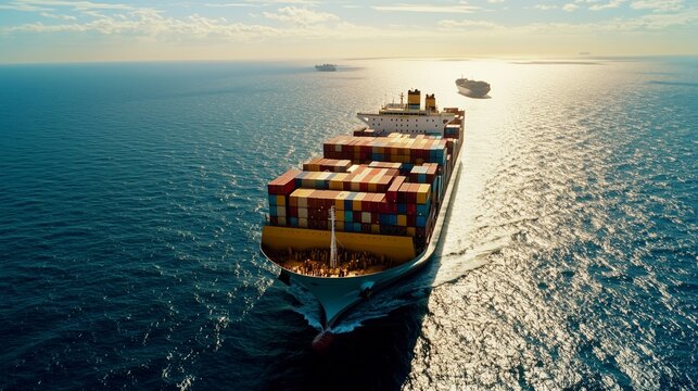 A ULCV sails across the ocean, colorful containers towering under a bright sky, showcasing maritime trade.