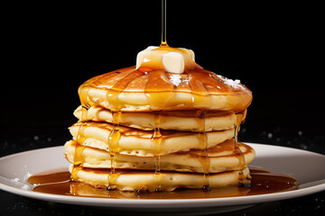Stack of delicious pancakes topped with butter and syrup