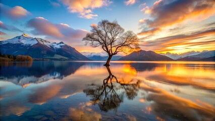 Fototapeta premium Picturesque view of leafless lonely tree growing and reflecting in lake surrounded by mountain range at sundown time