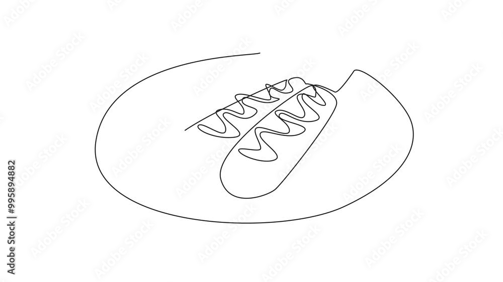 Poster animation of single continuous line drawing three corn dogs are placed on a round plate. serve while