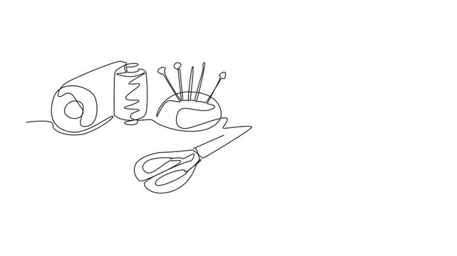 Self drawing animation of single one line drawing a table fill with manual sewing tools. Piece of cloth, scissors and rolls of thread. Making crafts. National Quilting Day. Full length animated