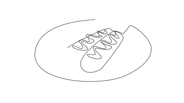 Animation of single continuous line drawing three corn dogs are placed on a round plate. Serve while warm. Additional sauce adds to the deliciousness. Self drawing animated. Full length motion