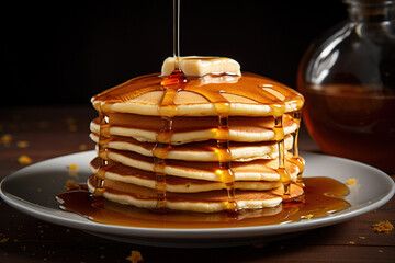 Stack of delicious pancakes topped with butter and syrup