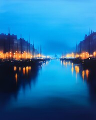 Fototapeta premium Serene twilight harbor view, calm waters reflecting soft streetlights, surrounded by silhouetted boats and buildings in the mist.