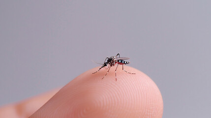 Close-up of a mosquito perched on human skin.