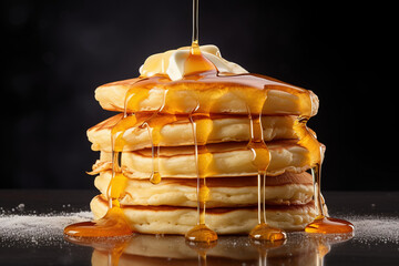 Stack of delicious pancakes topped with butter and syrup