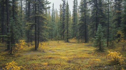 Obraz premium A serene autumn landscape in a lush forest with vibrant yellow foliage and tall green pine trees under a cloudy sky