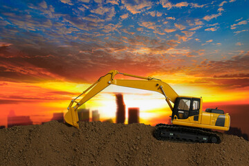Crawler Excavators with are digging the soil in the construction site on the sunset backgrounds
