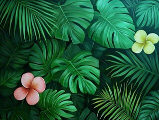 Naklejka premium Tropical leaves and flowers background with lush green foliage and colorful blossoms creating a vibrant nature-inspired design.