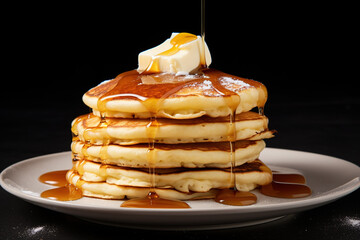 Stack of delicious pancakes topped with butter and syrup