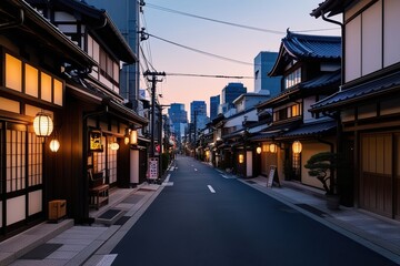 Obraz premium Enchanting Evening Tokyo Streets with Cozy Japanese Architecture and Glowing Lanterns
