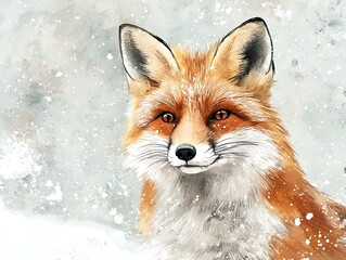 A beautiful watercolor illustration of a red fox in a snowy winter setting with a soft background.