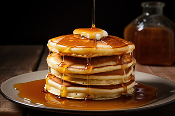 Stack of delicious pancakes topped with butter and syrup
