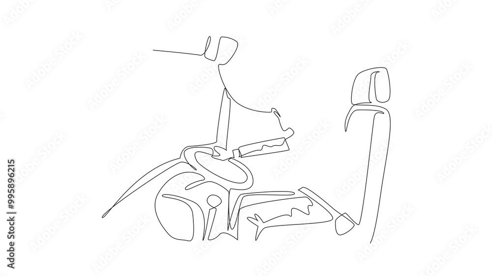 Poster animation of single continuous line drawing female driver driving a bus while holding a microphone. 