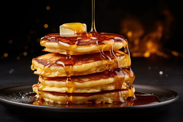 Stack of delicious pancakes topped with butter and syrup