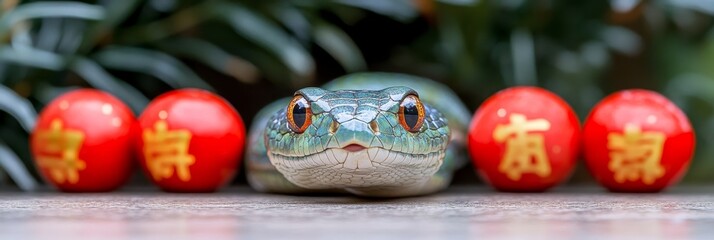 Fototapeta premium Green Snake with Orange Eyes Surrounded by Red Chinese New Year Decorations with Symbol for Luck