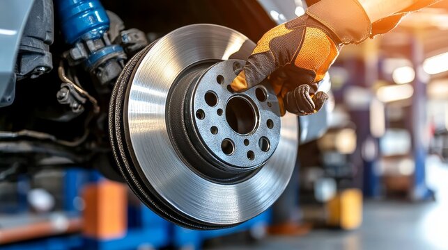 Car Mechanic Performing Routine Brake Maintenance, Replacing Worn Brake Disc in Auto Repair Shop