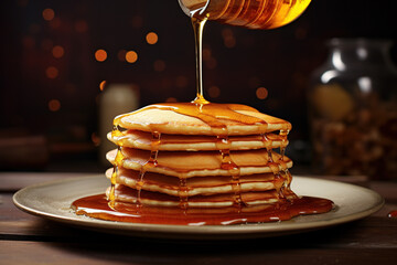 Stack of delicious pancakes topped with butter and syrup