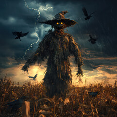 A spooky scarecrow stands in a dark, stormy field surrounded by crows, with glowing eyes, evoking a mysterious and eerie atmosphere.