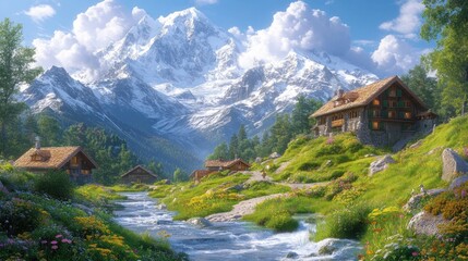 Scenic mountain landscape with cottages and a flowing river.